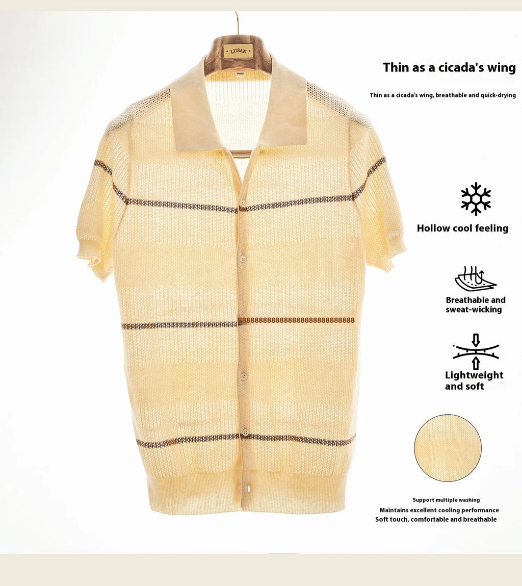 Men's camel coloured lapel cardigan with short sleeves made from a cotton and linen blend fabric.