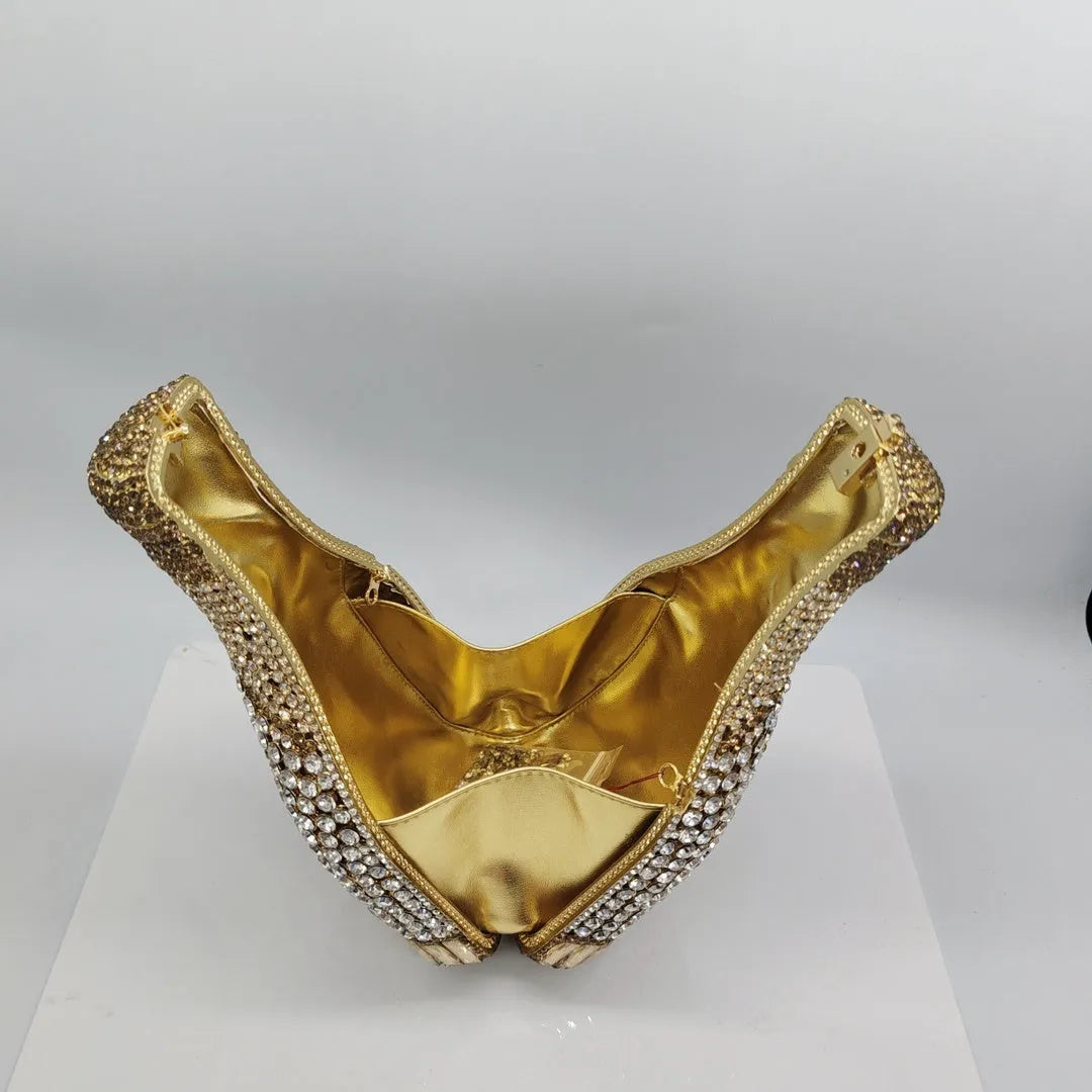 Gold champagne bottle-shaped hard alloy clutch bag for women, shown with synthetic leather lining.