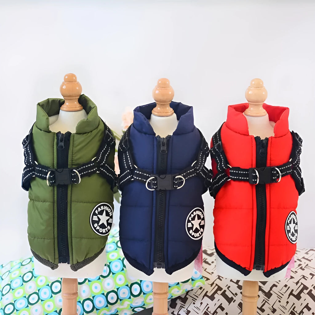 Waterproof dog coat with built-in harness in red, navy blue or army green colours