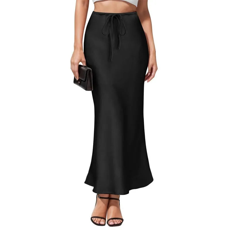 Asymmetric satin skirt with high waist and irregular stitching detail in six colour options
