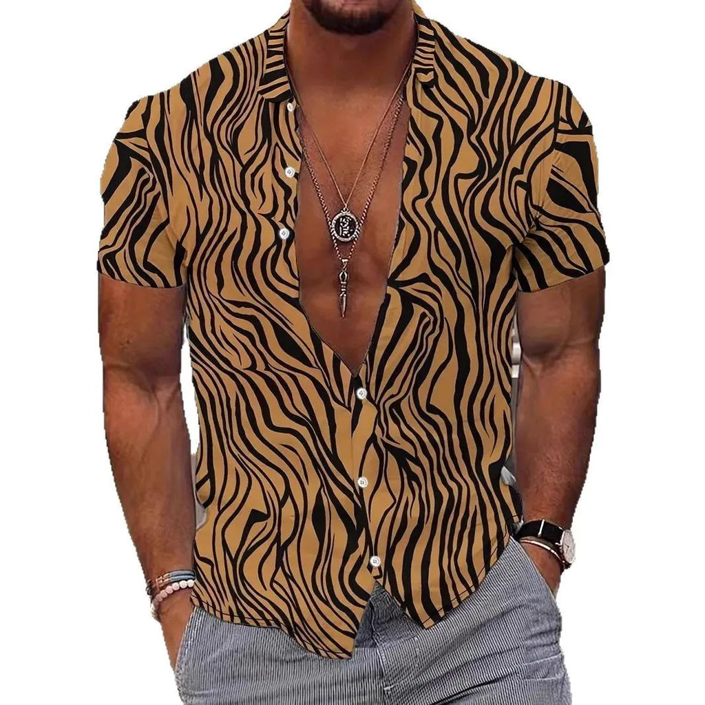 Men's slim fit geometric print short sleeve polyester shirt laid flat, showing lapel and cardigan style.