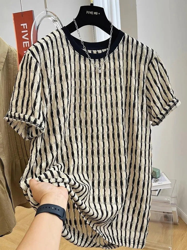Black striped men's linen pullover shirt with short sleeves and loose casual fit