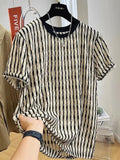 Black striped men's linen pullover shirt with short sleeves and loose casual fit