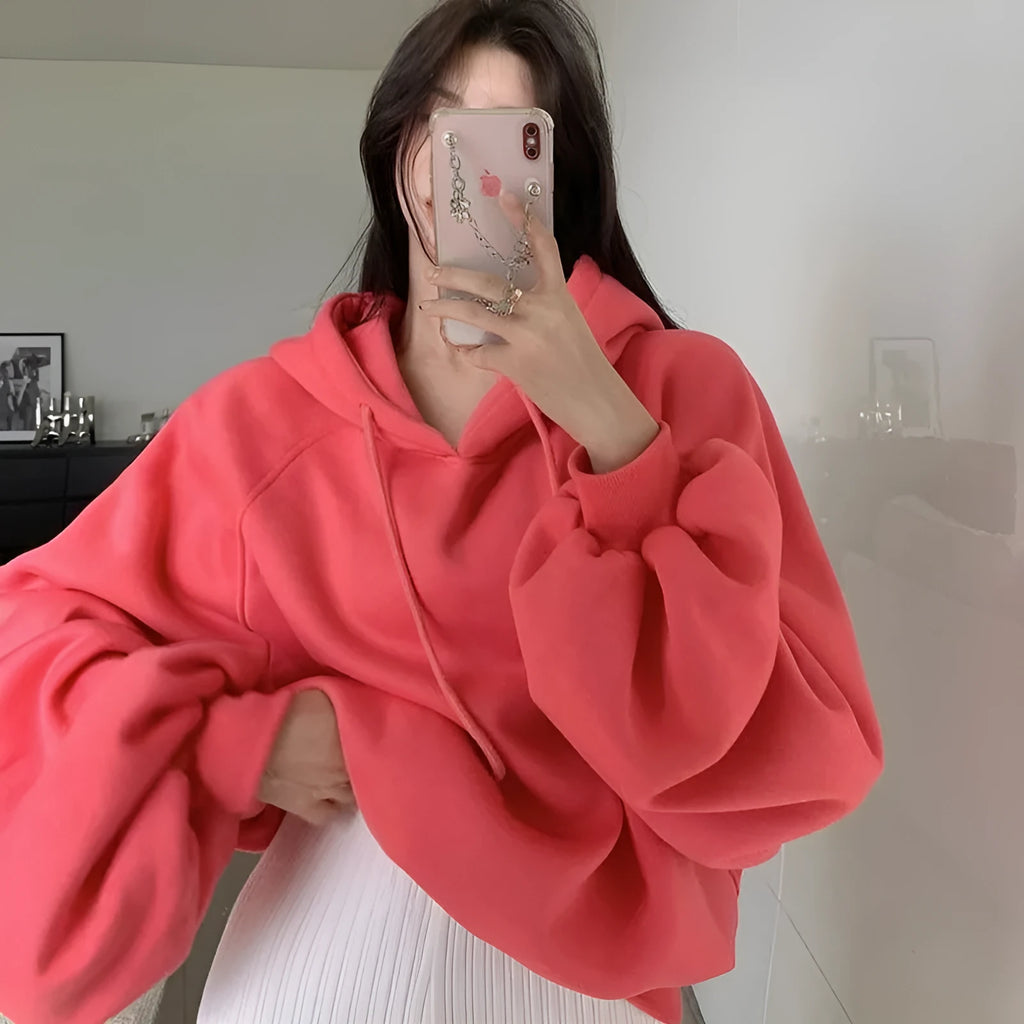 Watermelon red women's loose hooded sweater made from mulberry silk with sleeveless design