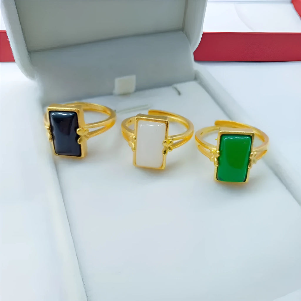 Adjustable brass gold-plated ring with gemstone inlay and national style design