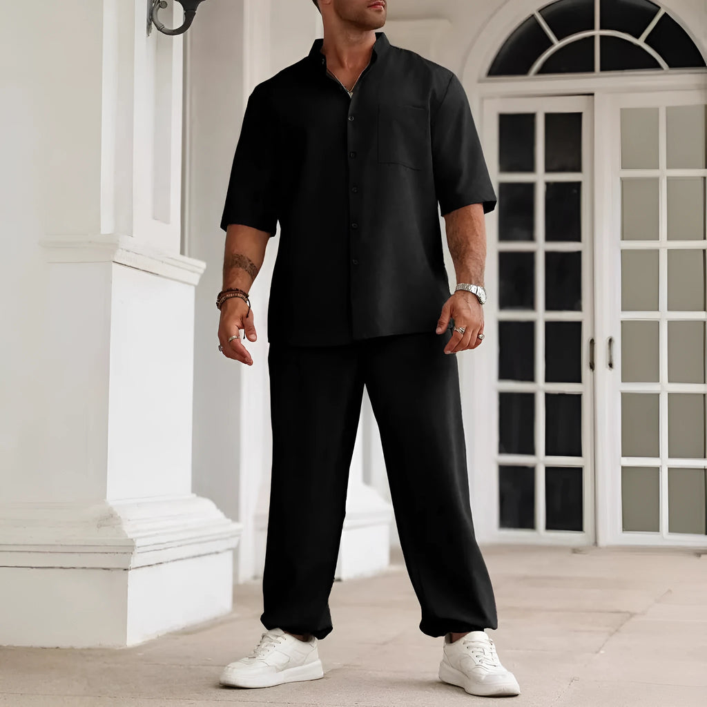 Men's casual apricot-coloured cotton linen short-sleeved shirt and trousers set laid flat.