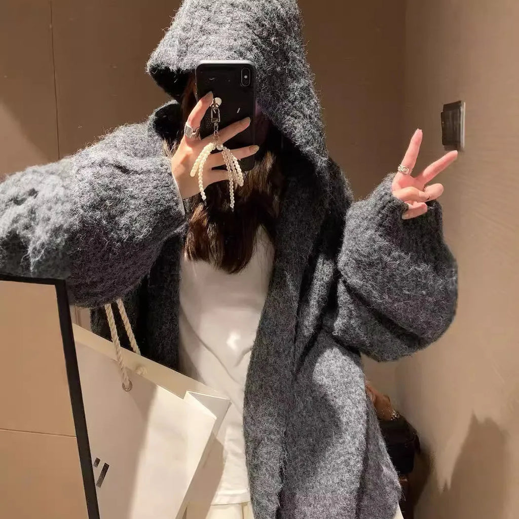 Women's dark grey retro Maillard hooded sweater cardigan with a thick knit texture.