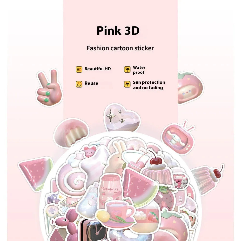 Realistic 3D decorative stickers in pink girl heart designs, 63 pieces per pack