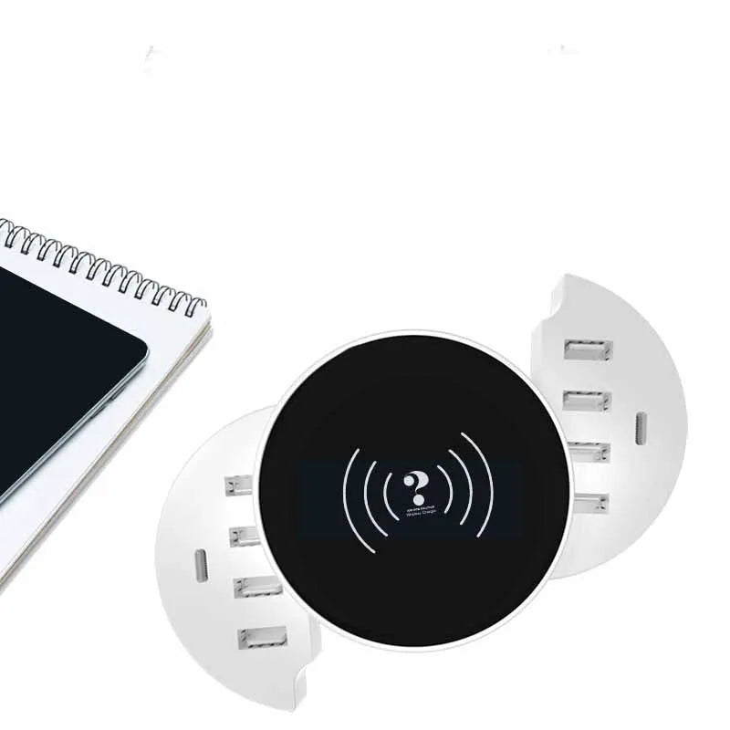 Ceramic white multi-port wireless circular smart phone charger with international adapters
