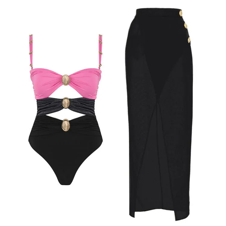 Women's gold button one-piece swimsuit with removable skirt in solid colour option