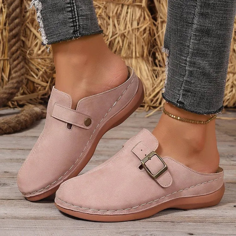 Women's casual wedge slippers in black, dark blue, pink, khaki, and light brown on a rubber sole