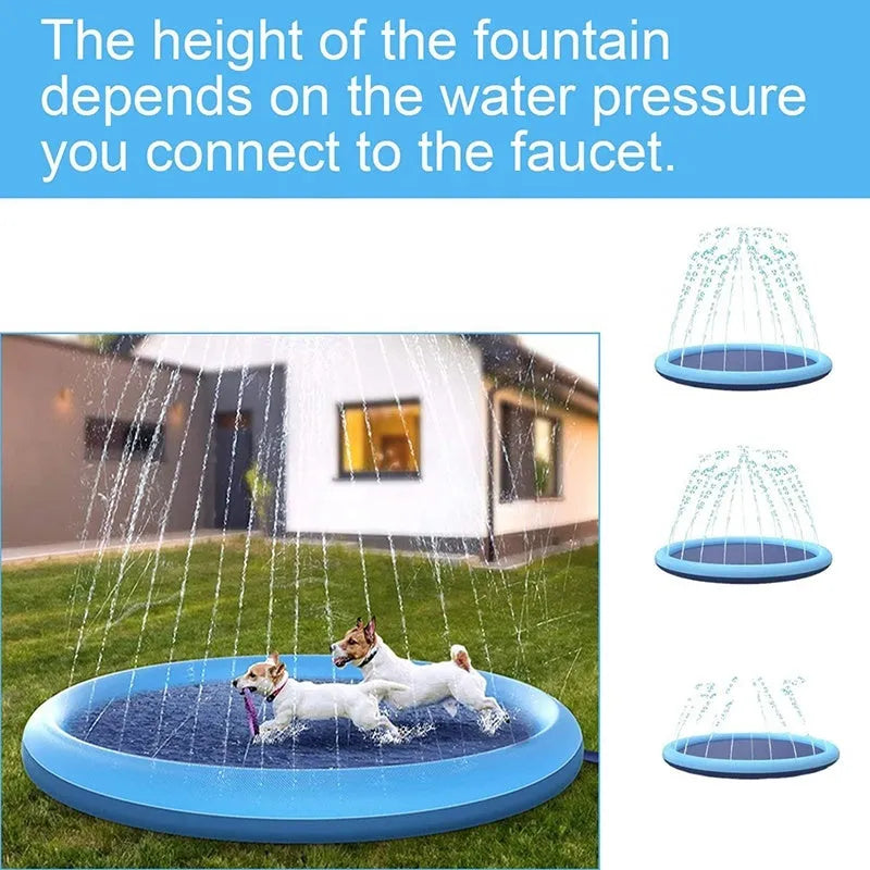 Blue anti-slip dog splash pad pool mat for outdoor water play in three size options.