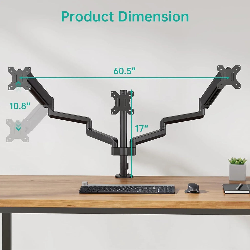 Black three-arm gas spring computer monitor mount for 13-27 inch screens with aluminium alloy construction