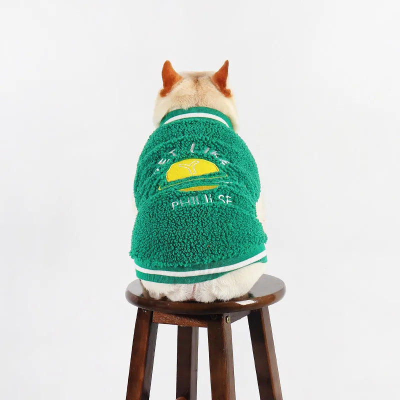 Green fleece-lined cotton dog winter jacket showing sizing options from L to 4XL