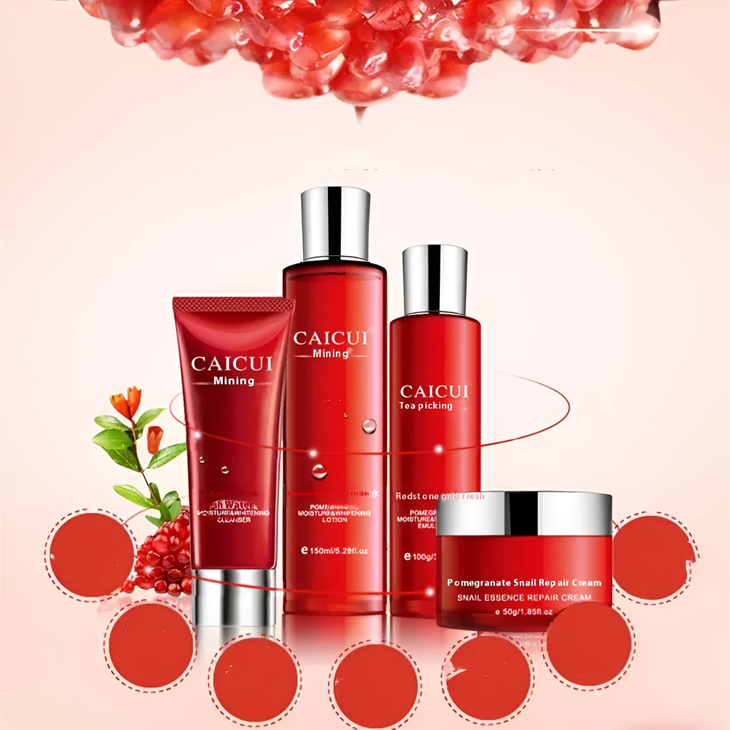 Pomegranate skincare set four-product bundle with red packaging including face wash, toner, lotion and facial cream