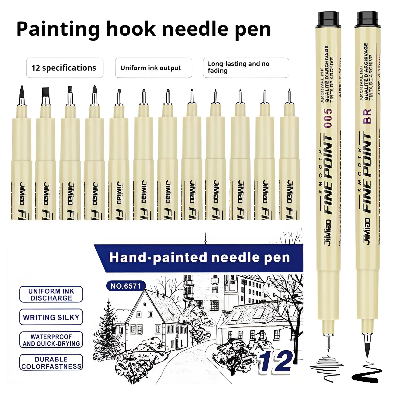 Black ink needle drawing pen with hook line art cartoon design on plastic body.