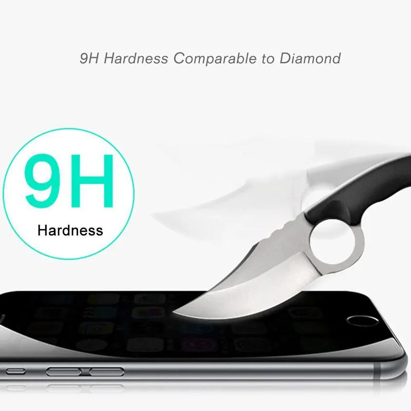 Black anti-peeping tempered glass screen protector for iPhone showing privacy filter effect