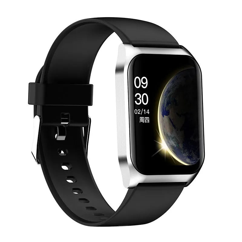 Black smart watch with heart rate monitor and Bluetooth calling on a silicone strap.