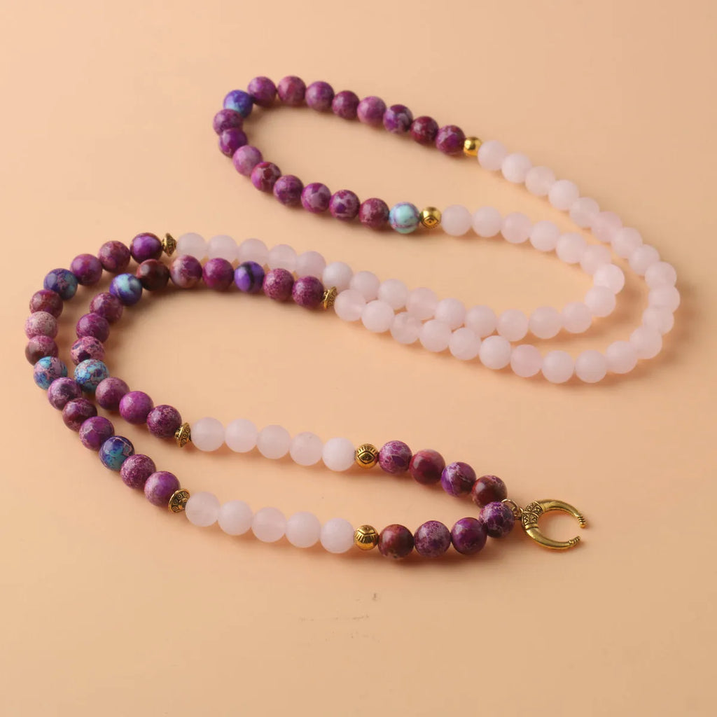 Emperor stone necklace with pink crystal beads and round pendant casual jewellery for women and men