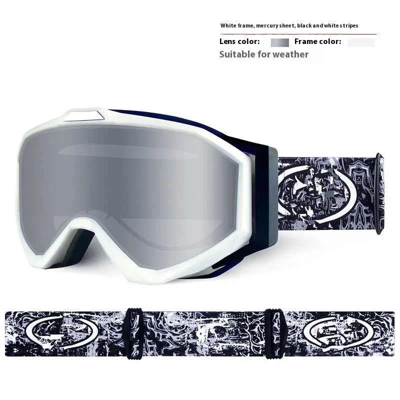 Motorcycle goggles with double-layer anti-fog lenses in a selection of frame and lens colour combinations.