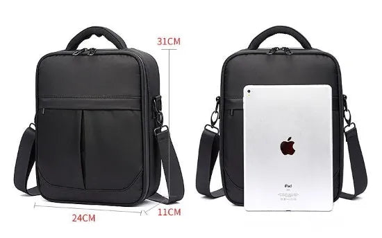 Black men's oxford fabric messenger shoulder bag showing its size and style.