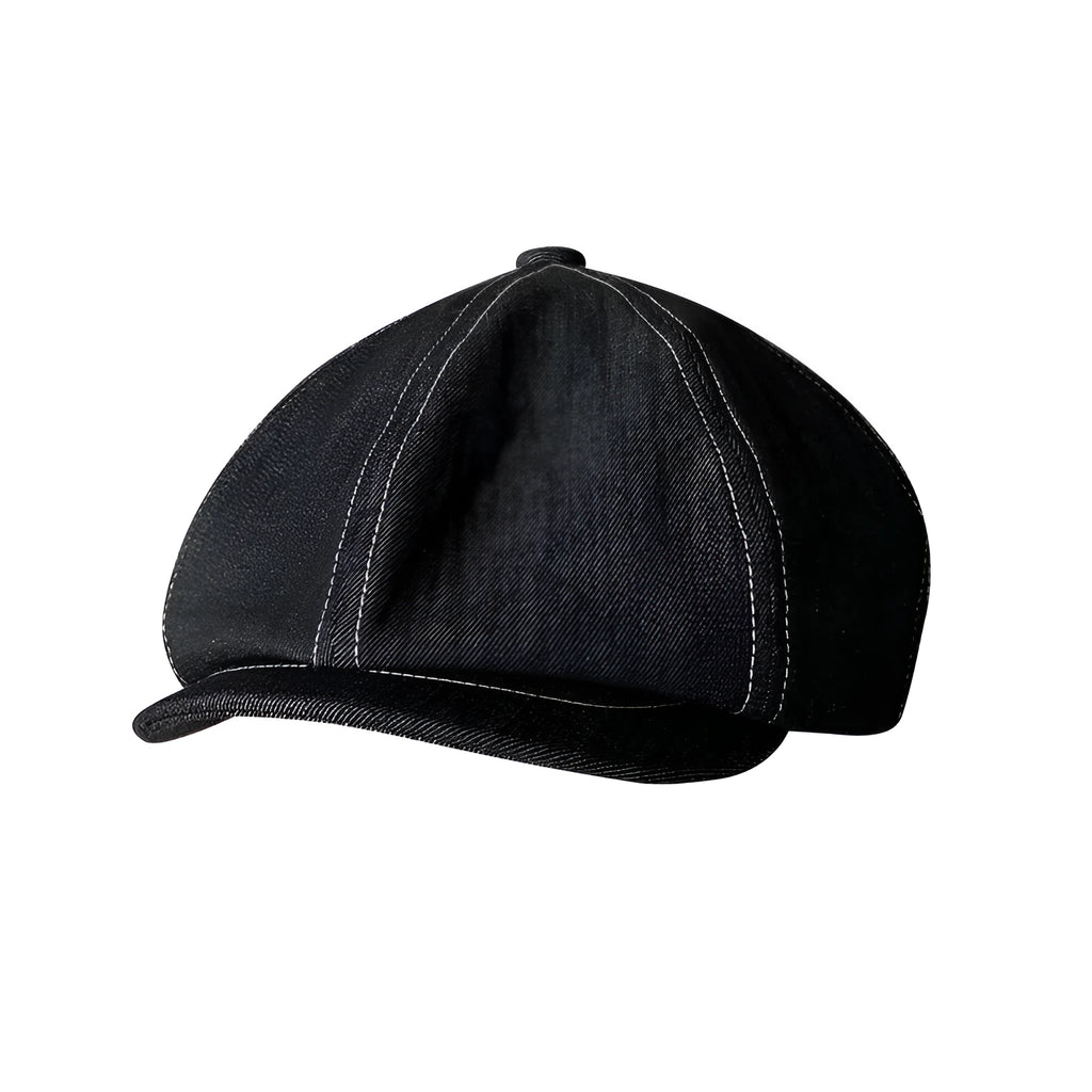 Black retro beret with octagonal crown made from Japanese denim cotton fabric