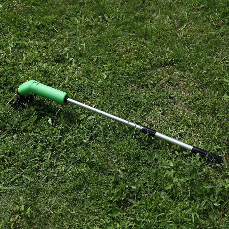 Cordless lawn trimmer with extension pole and protective shield for garden maintenance
