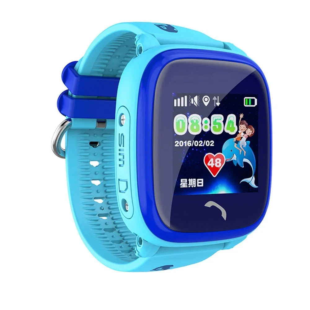 Blue DF25 children's waterproof smart watch with silicone band and touch screen displayed on a wrist.
