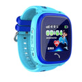 Blue DF25 children's waterproof smart watch with silicone band and touch screen displayed on a wrist.