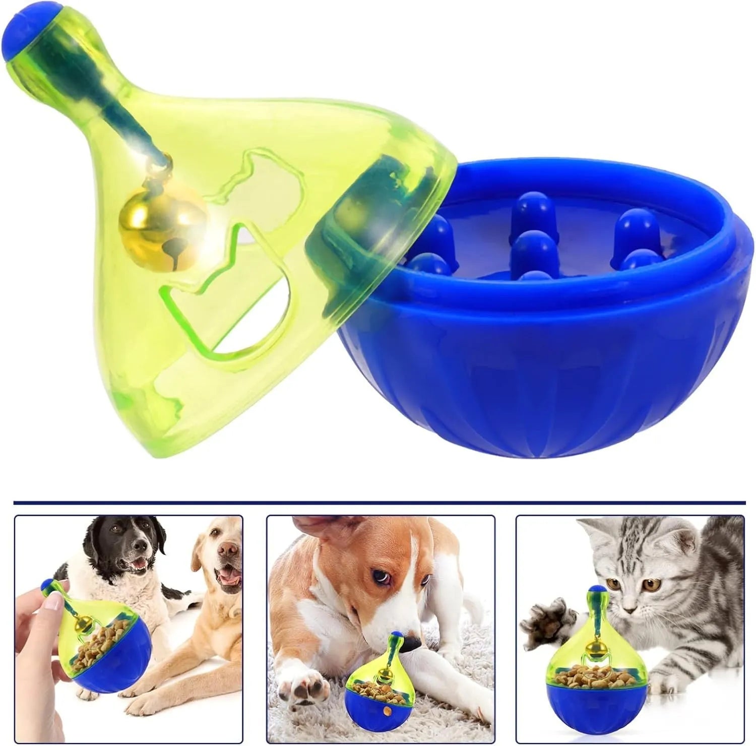 Blue tumbler-shaped dog and cat treat dispenser ball with food opening for interactive pet play