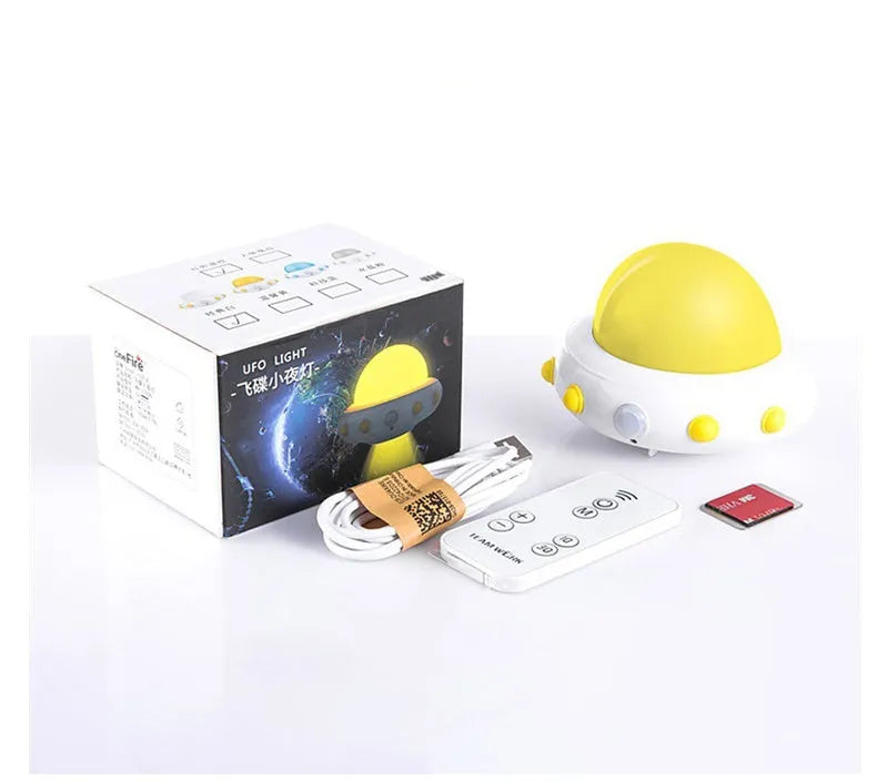 Blue remote control UFO shaped bedside night light with dimensions 105x76x58mm