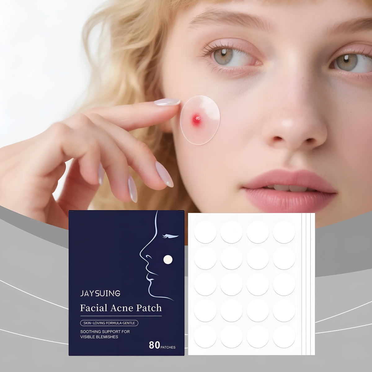 Package of 80 hydrocolloid facial acne patches for gentle spot treatment