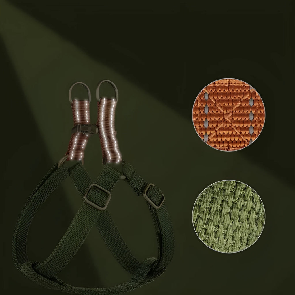 Brown vest style anti loss dog leash made of cotton and nylon with metal clasp.