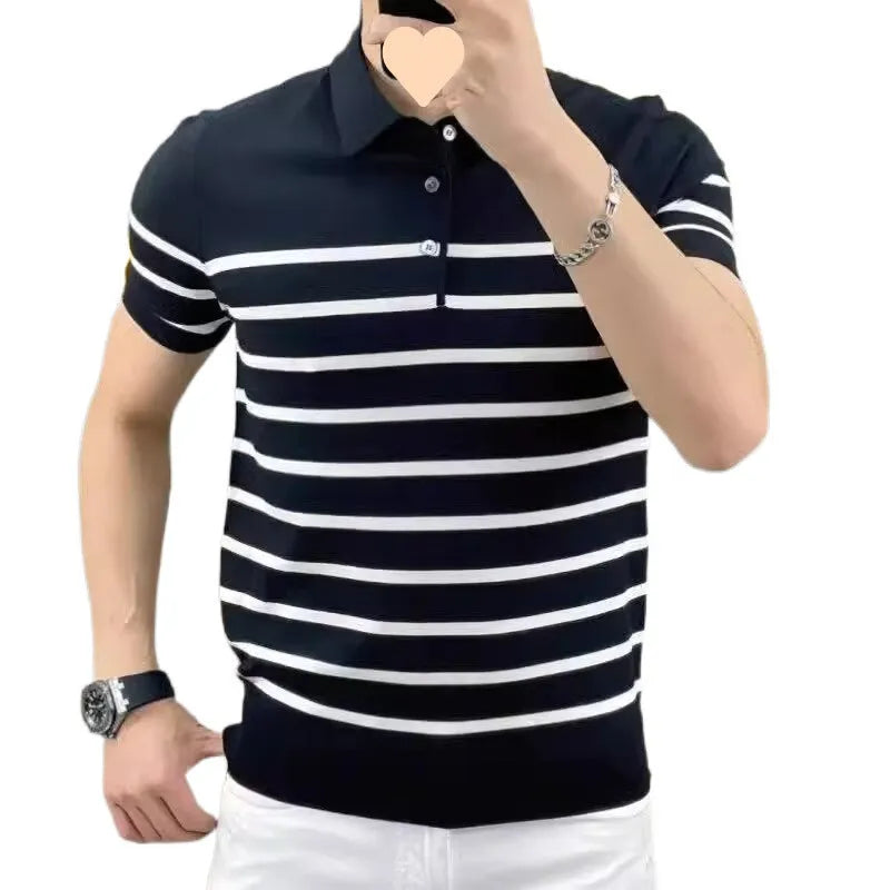 Striped lapel neckline knitted t-shirt in black and white colours showing pullover style and striped pattern
