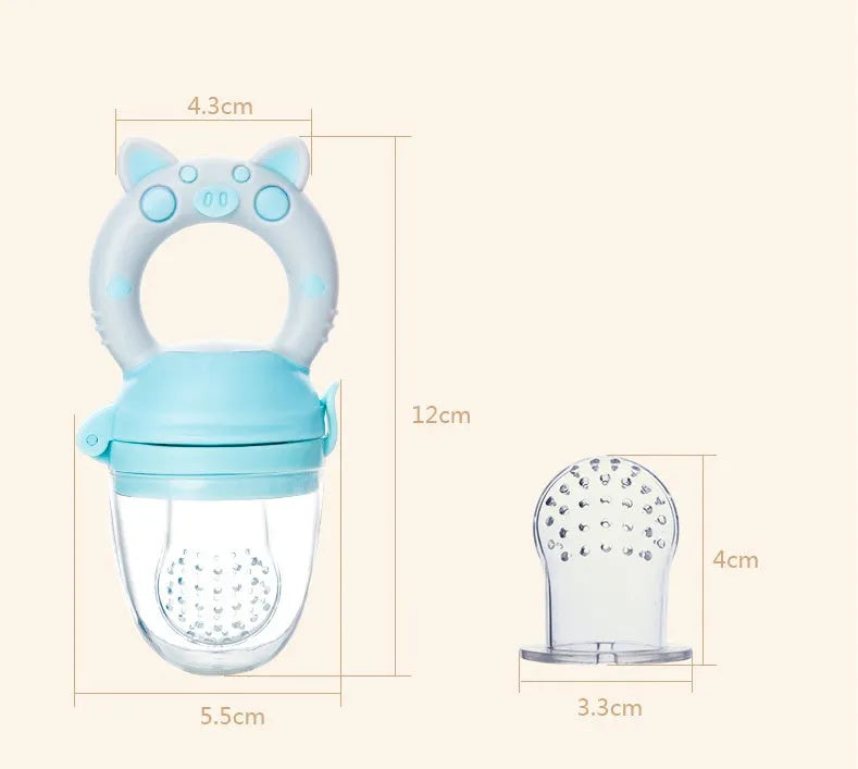 A BPA-free silicone baby teether in blue, showing a single mouthpiece design for infant chewing.
