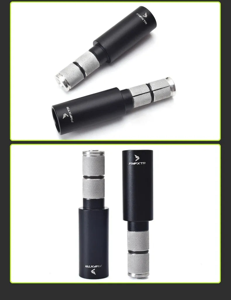 A pair of silver aluminium alloy bicycle handlebar extension rods for mountain bikes, showing folding design.