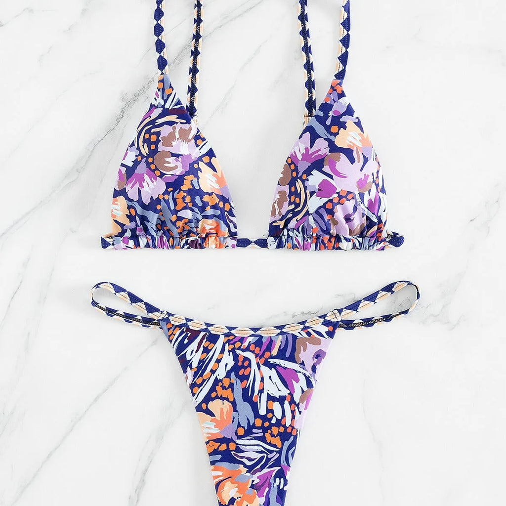 Women's floral print polyester swimsuit with triangle bag top and briefs bottom