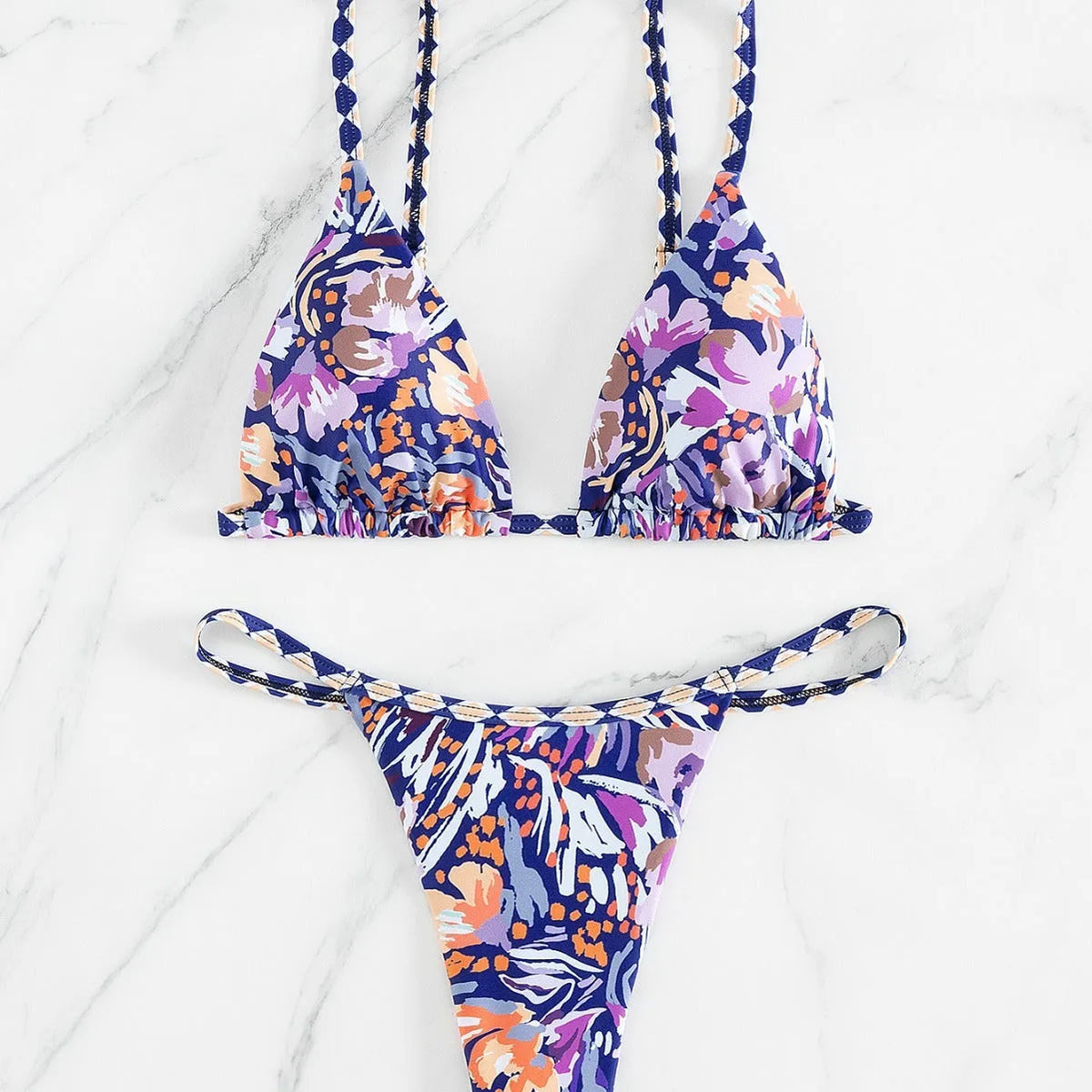 Women's floral print polyester swimsuit with triangle bag top and briefs bottom