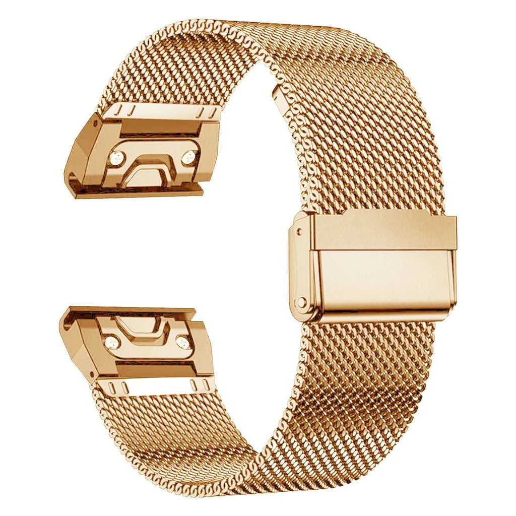 Stainless steel card strap for Garmin Fenix 7X 7 Pro 6X 6 smartwatch in silver, black, gold, or rose gold.