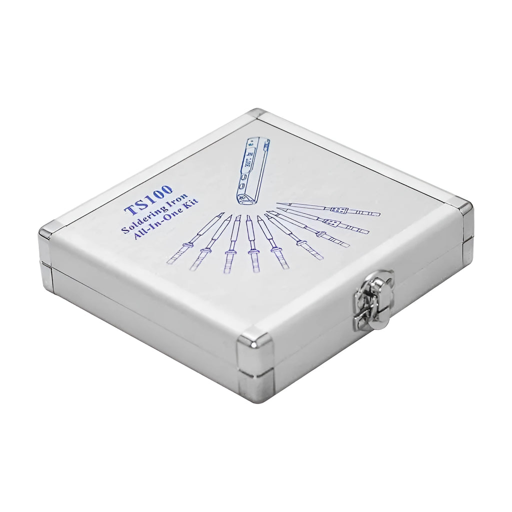Silver aluminium storage box for a soldering iron with dimensions 154mm by 147mm