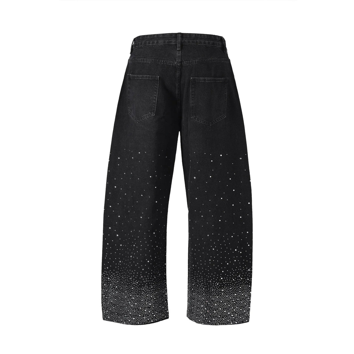 Blue loose-fitting wide-leg cotton trousers laid flat, showing the high street casual style.