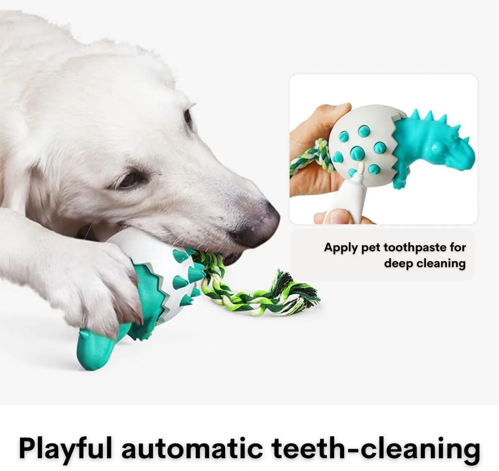 Blue dinosaur-shaped dog chew toy made of nylon and rubber with a rope tail.