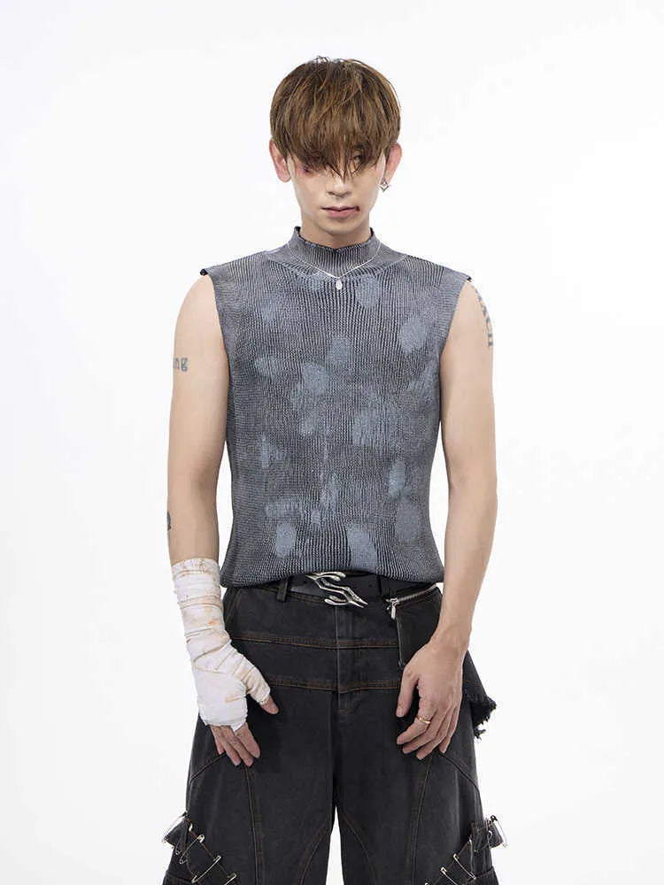 Black silver pastebrushing men's sleeveless t-shirt with a stand collar on a hanger.