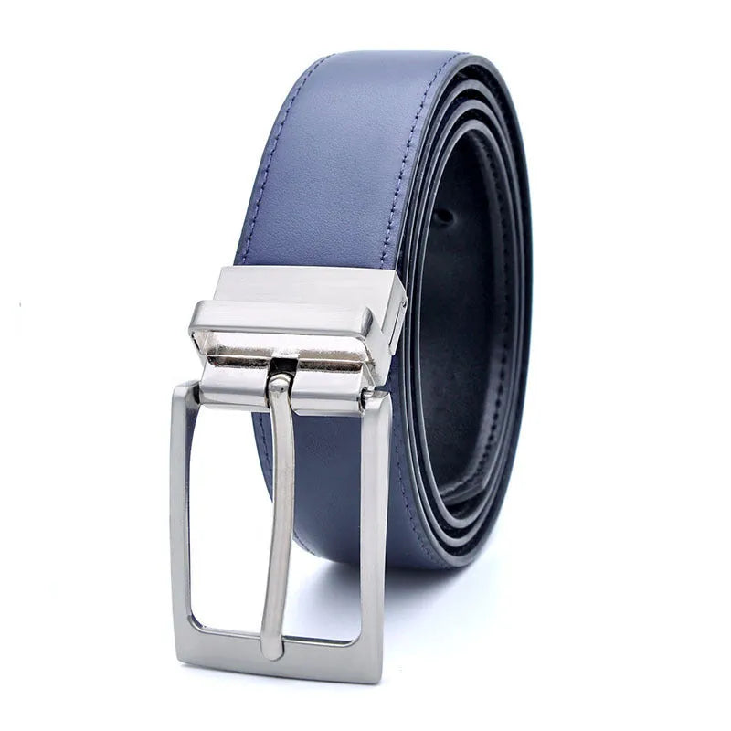 Men's brown and black genuine leather belt with rotating alloy pin buckle showing length adjustment