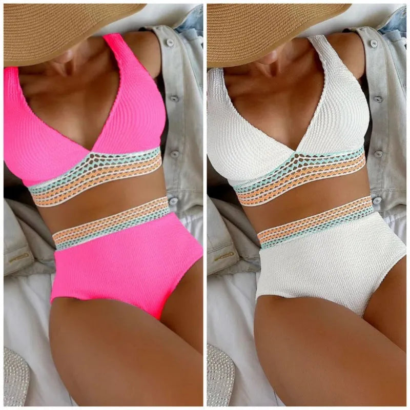 White high waist split bikini set on a mannequin, showing briefs style.