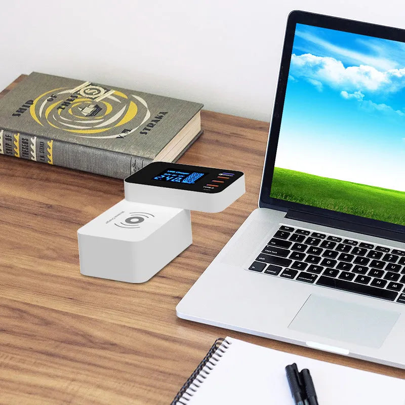 White multi-port USB fast charger with wireless charging pad and 1.5m cable