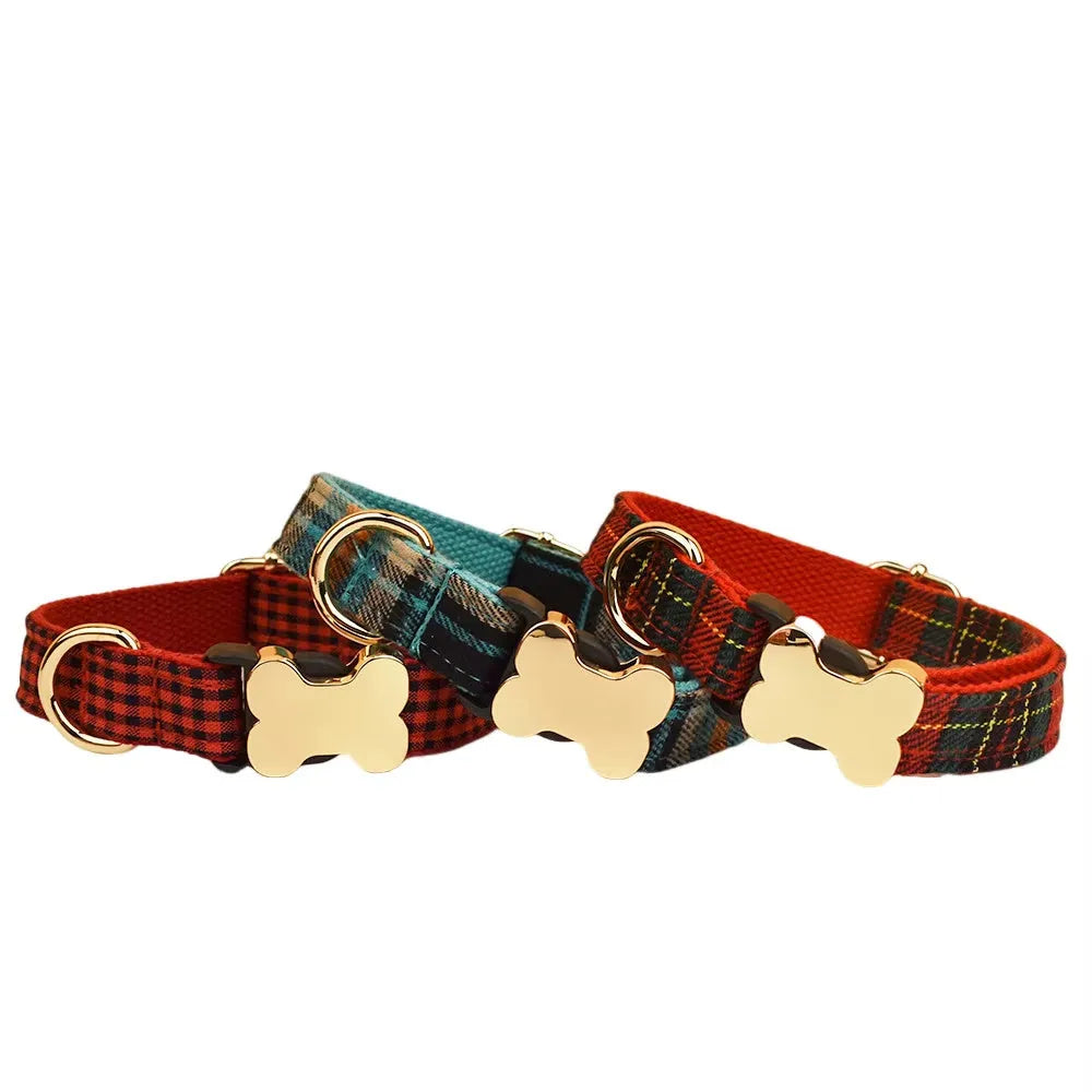 Flat fabric printed grid design dog collar with bone buckle in multiple colour options