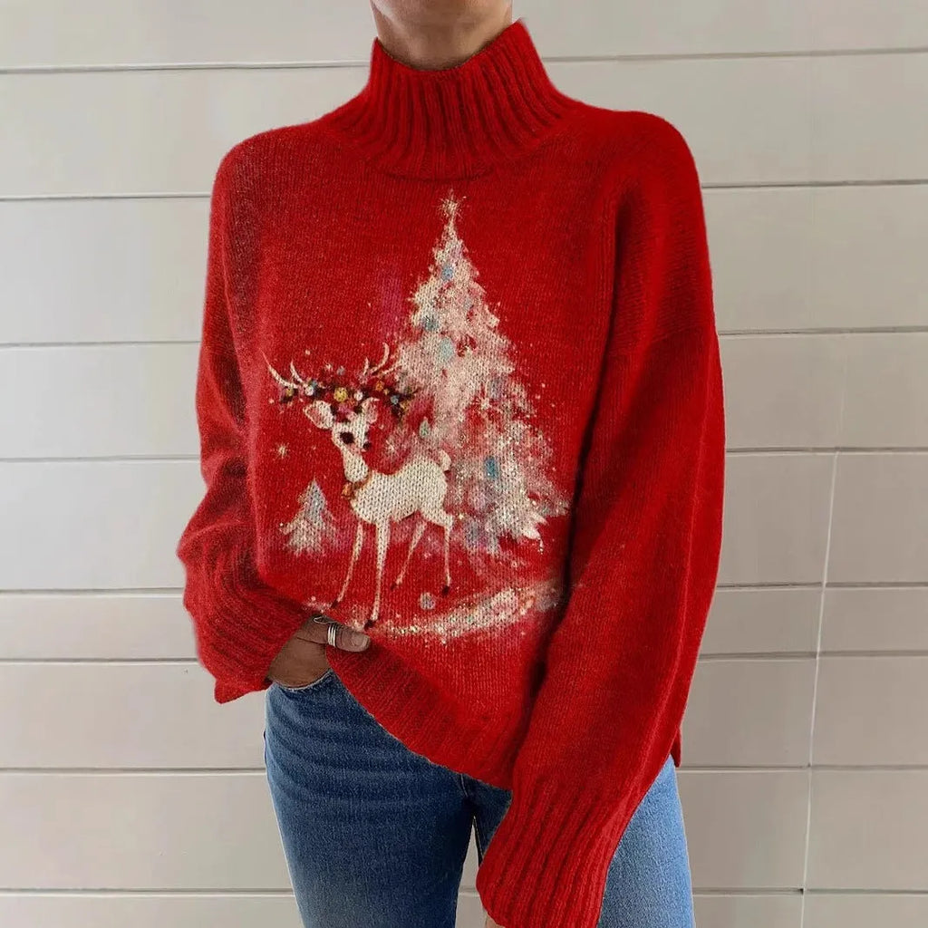 Women's Christmas printed turtleneck sweater with painting pattern in macaron colours