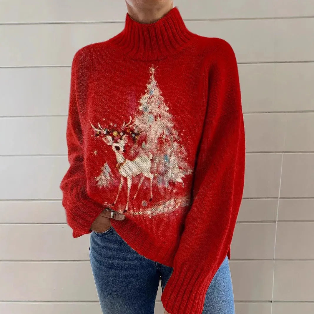 Women's Christmas printed turtleneck sweater with painting pattern in macaron colours