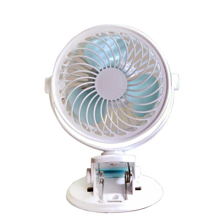 USB desktop fan with clip attachment showing compact 19x15x10cm design and three blades